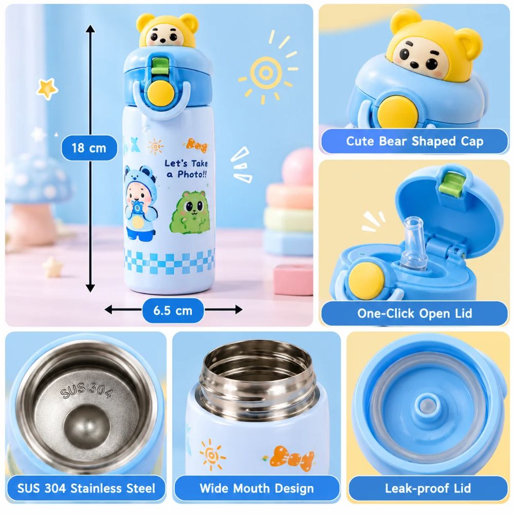 Cute Bear Shaped Kids Water Bottle – Blue | 550 ML
