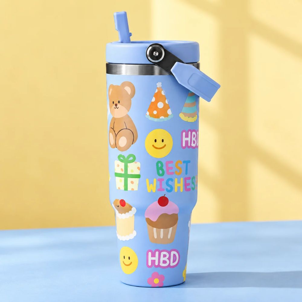 Cute Printed Stainless Steel Insulated Tumbler with Handle & Straw for Kids – 900 ML | Blue
