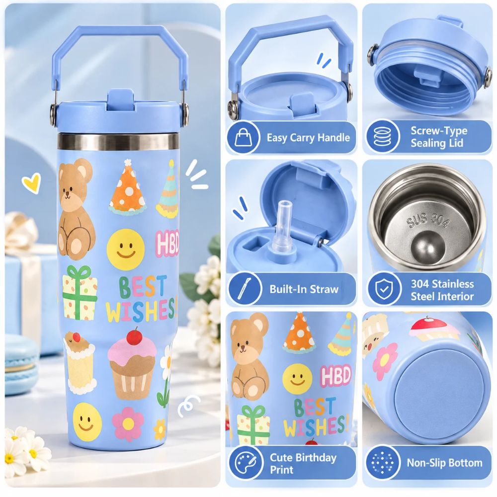 Cute Printed Stainless Steel Insulated Tumbler with Handle & Straw for Kids – 900 ML | Blue