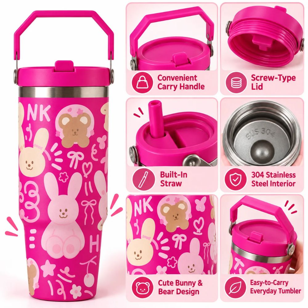 Cute Printed Stainless Steel Insulated Tumbler with Handle & Straw for Kids – 900 ML | Hot Pink