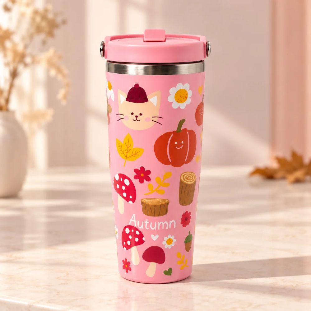 Cute Printed Stainless Steel Insulated Tumbler with Handle & Straw for Kids – 900 ML | Pink