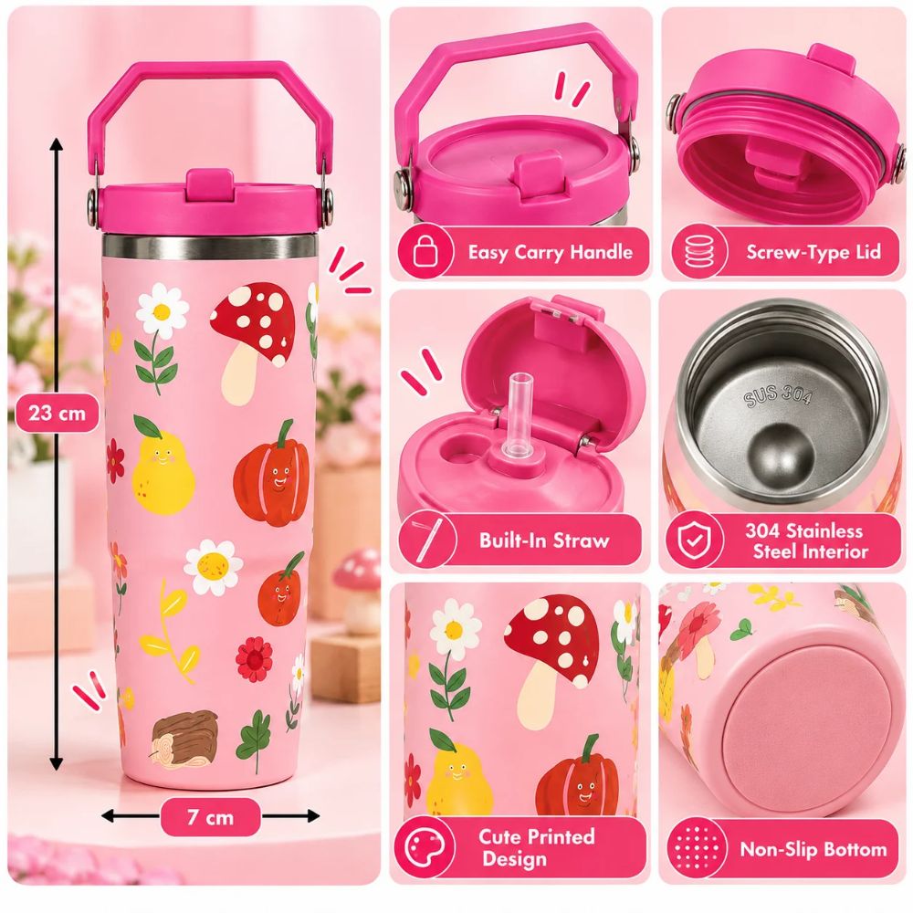 Cute Printed Stainless Steel Insulated Tumbler with Handle & Straw for Kids – 900 ML | Pink