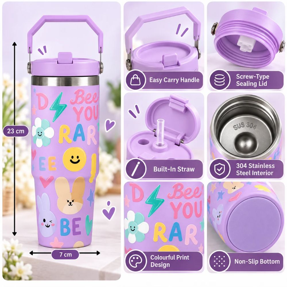Cute Printed Stainless Steel Insulated Tumbler with Handle & Straw for Kids – 900 ML | Purple