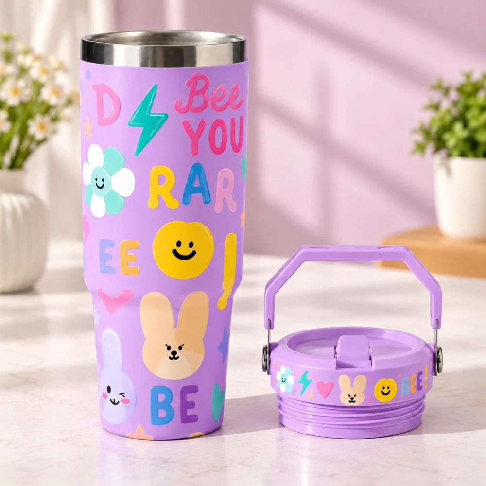 Cute Printed Stainless Steel Insulated Tumbler with Handle & Straw for Kids – 900 ML | Purple