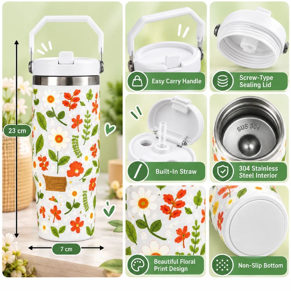 Cute Printed Stainless Steel Insulated Tumbler with Handle & Straw for Kids – 900 ML | White