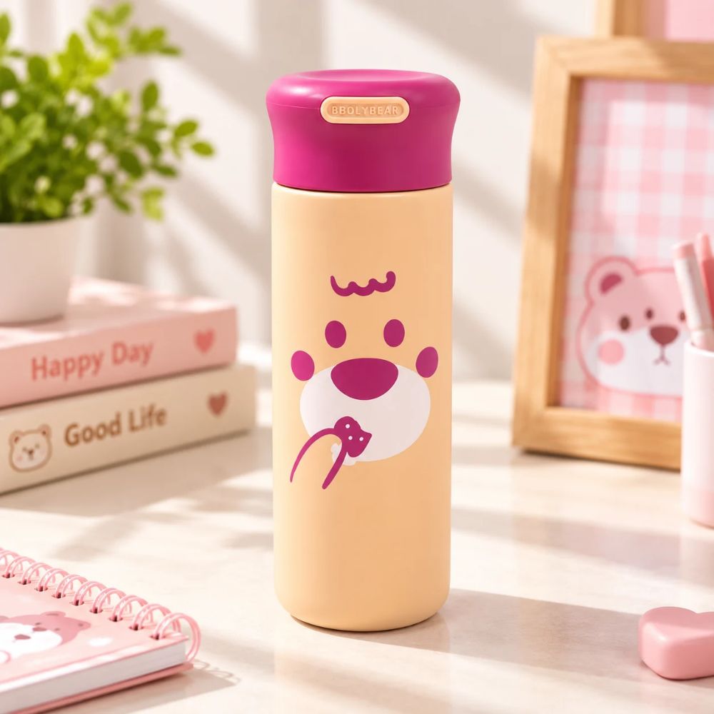 Lucky Bear Cartoon Thermos Water Bottle – Beige | 350 ML