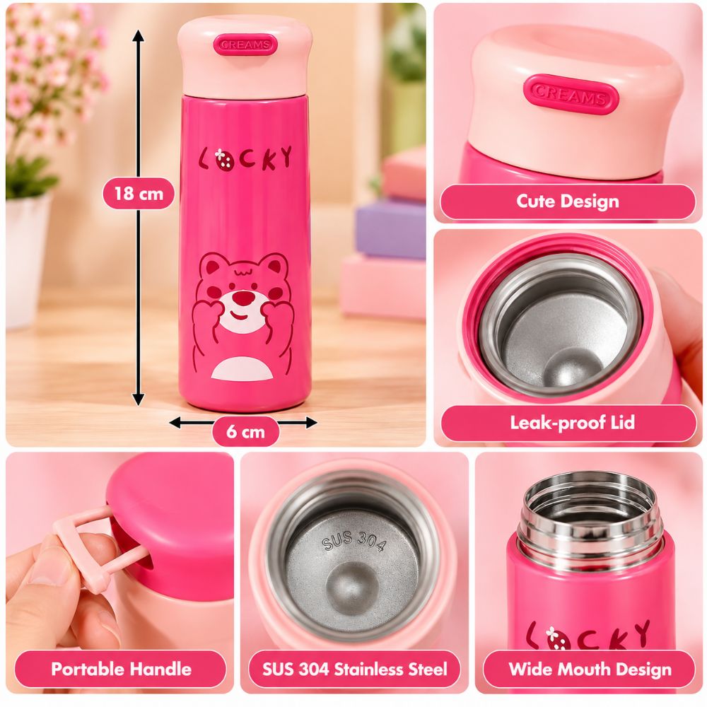Lucky Bear Cartoon Thermos Water Bottle – Pink | 350 ML