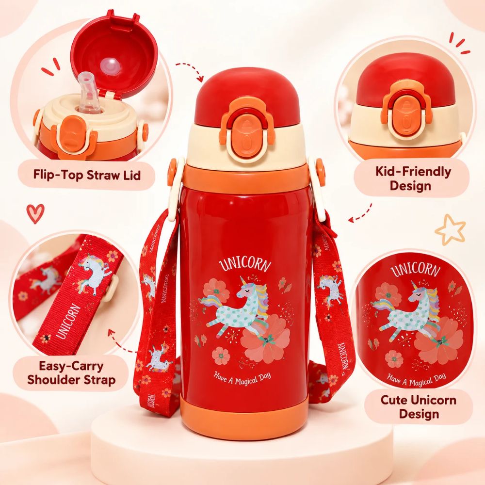 Unicorn Adventure Kids Thermos Water Bottle – Red | 450 ML